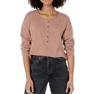 Madewell Women's Double-Faced Henley Tee Stripe Long Sleeve in Dusty Redwood XXL